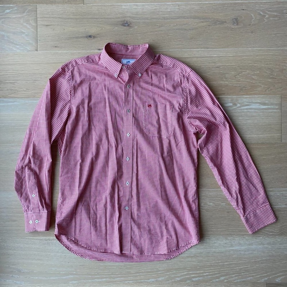 Southern Tide Men's Red/Orange & White Gingham Checked Button Down Shirt, Sz L